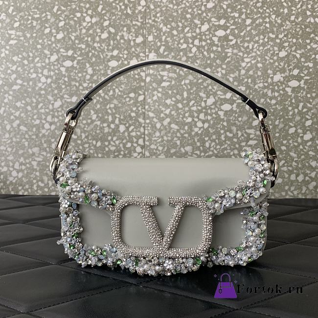 Fortok Valentino Garavani Mini Loco 3D Embroidered Grey Bag With Swarovski Crystals 19x10.5x5cm - 1