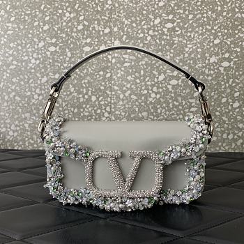 Fortok Valentino Garavani Mini Loco 3D Embroidered Grey Bag With Swarovski Crystals 19x10.5x5cm