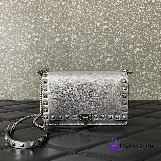 Fortok Valentino Rockstud Metallic Silver Leather Wallet on Chain 18.5x12x4cm - 1