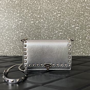 Fortok Valentino Rockstud Metallic Silver Leather Wallet on Chain 18.5x12x4cm