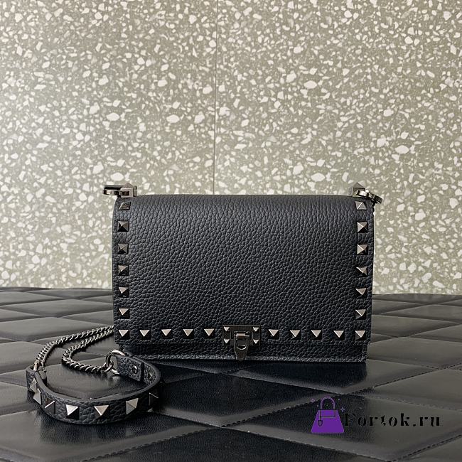 Fortok Valentino Rockstud Metallic Black Leather Wallet on Chain 18.5x12x4cm - 1