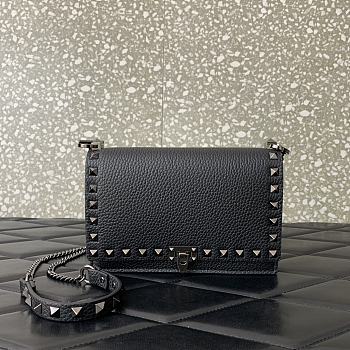 Fortok Valentino Rockstud Metallic Black Leather Wallet on Chain 18.5x12x4cm