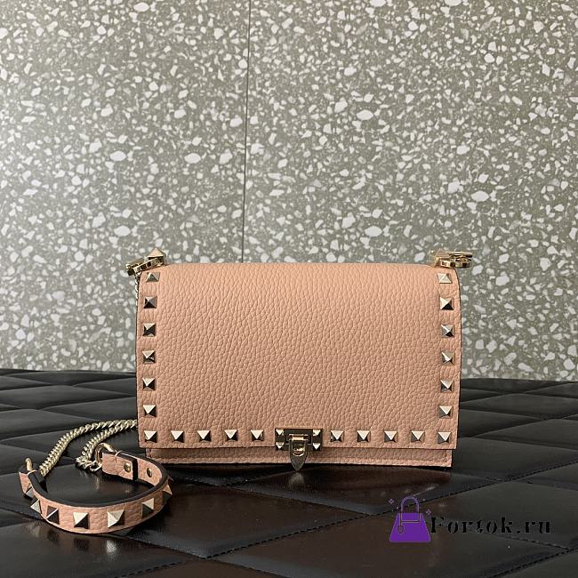 Fortok Valentino Rockstud Metallic Light Pink Leather Wallet on Chain 18.5x12x4cm - 1