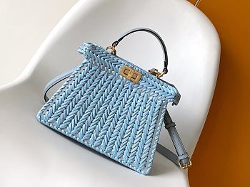 Fortok Fendi Iconic Peekaboo ISeeU Raffia Bag Blue 27x11x21cm