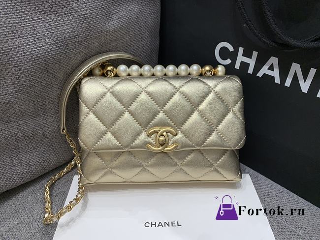 Fortok Chanel Mini Flap Bag Gold With Pearl Top Handle AS5001 12.5×19×7cm - 1