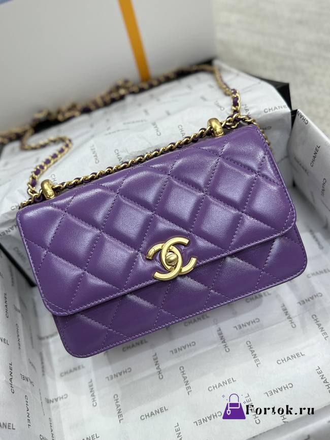 Fortok Chanel Double Gold Ball Flap Bag Purple 19cm - 1