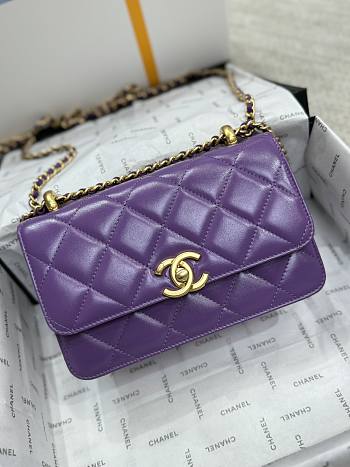 Fortok Chanel Double Gold Ball Flap Bag Purple 19cm