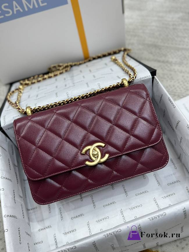Fortok Chanel Double Gold Ball Flap Bag Burgundy 19cm - 1