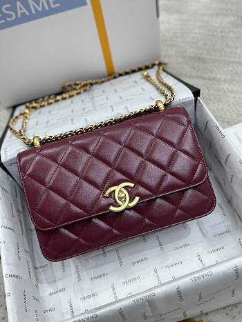 Fortok Chanel Double Gold Ball Flap Bag Burgundy 19cm