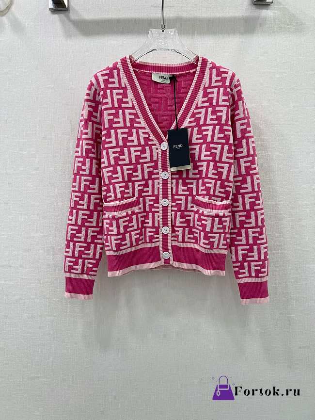  Fortok Fendi FF Motif V-Neck Cardigan Pink & White - 1