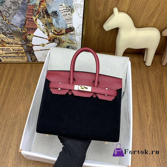 Fortok Hermes Birkin Black Suede Red Togo Bag 20cm - 1