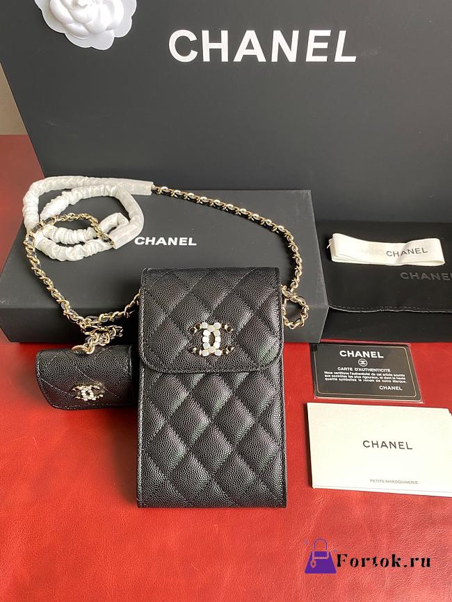 Fortok Chanel Phone & Airpods Case With Chain in Black 10x17.5x2cm - 1