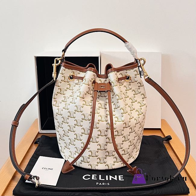 Fortok Celine Clara Bag In Triomphe Canvas And Calfskin Tan & White 20x24x20cm - 1