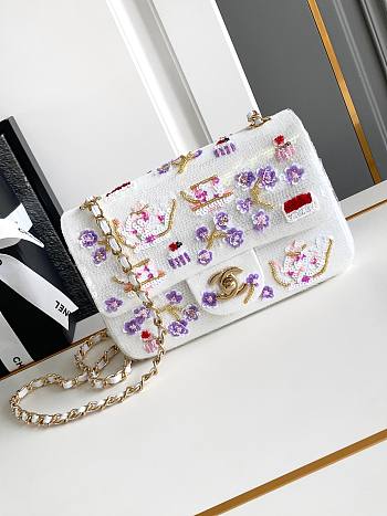 Fortok Chanel Bag Satin Embroidered Fabric, Sequins, Glass Beads, Glittering Stones & Gold Metallic White, Pink, Purple & Red 20cm