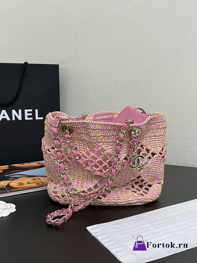 Fortok Chanel Small Tote Bag Raffia Effect Braided & Gold-Tone Metal Beige & Pink 24.5x32x10cm - 1