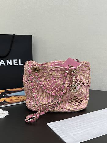 Fortok Chanel Small Tote Bag Raffia Effect Braided & Gold-Tone Metal Beige & Pink 24.5x32x10cm