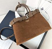 Fortok Prada Buckle Suede Drawstring Leather Handbag Brown 1BA434 32x23x11cm - 1