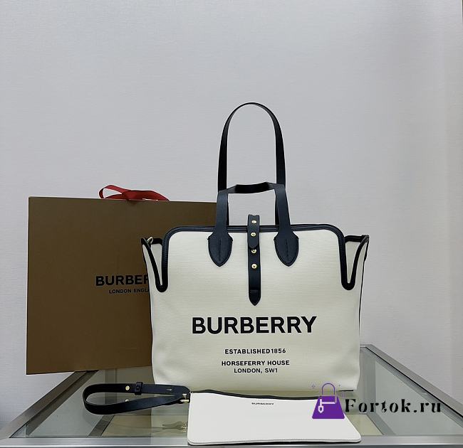 Fortok Burberry Brown Medium Soft Canvas & Leather Belt Tote Bag 35x15x31cm - 1