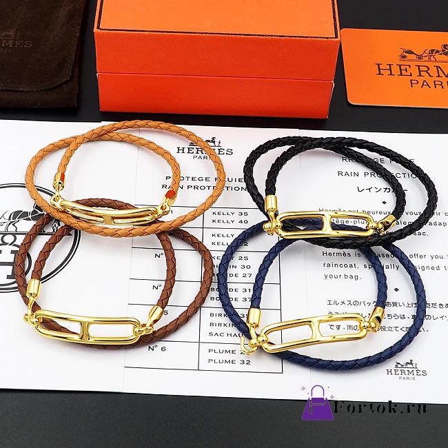 Fortok Hermes Double-loop H leather Bracelet Orange / Brown / Dark Blue / Black - 1