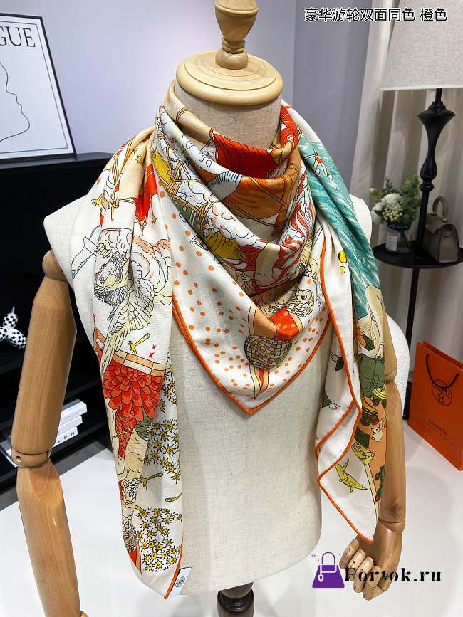 Fortok Hermes Cruise Double-sided Square Scarf White & Orange 140x140cm - 1