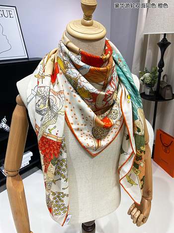 Fortok Hermes Cruise Double-sided Square Scarf White & Orange 140x140cm