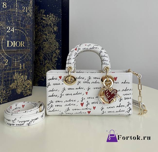 Fortok Dior Dioramour Small Lady D-Joy Bag White Calfskin with Black and Red Je Vous Adore Print 22x6x12cm - 1