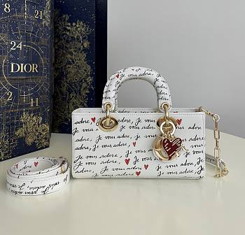 Fortok Dior Dioramour Small Lady D-Joy Bag White Calfskin with Black and Red Je Vous Adore Print 22x6x12cm