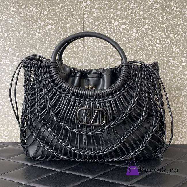 Fortok Valentino Garavani Allknots Leather Woven Tote Bag Black 38x34x7cm - 1