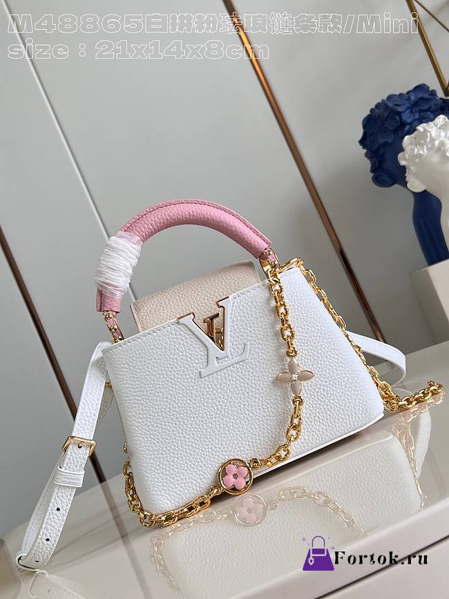 Fortok Louis Vuitton Capucines Mini Handbag White & Pink Enamel Chain M48865 21x14x8cm - 1