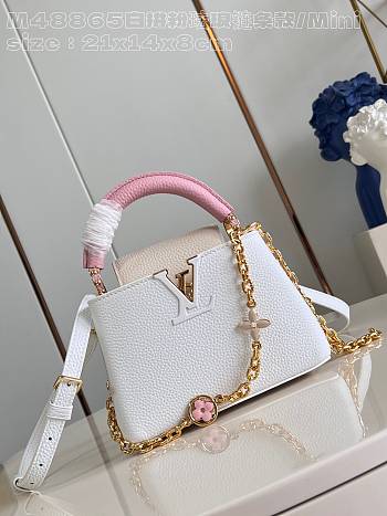 Fortok Louis Vuitton Capucines Mini Handbag White & Pink Enamel Chain M48865 21x14x8cm