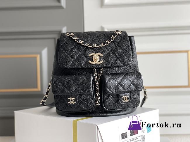 Fortok Chanel Small Backpack Grained Calfskin & Gold-Tone Metal Black 20.5x20x11.5cm - 1