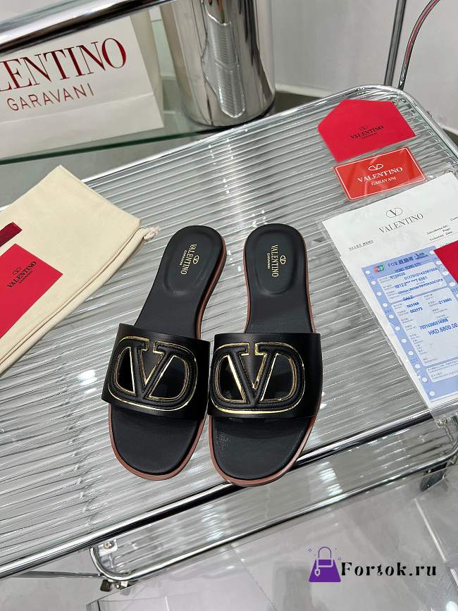Fortok Valentino Vlogo Cut-Out Calfskin Slides Black - 1