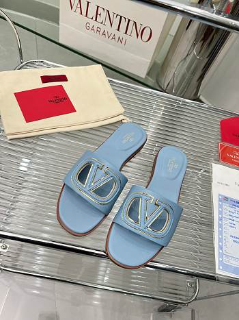 Fortok Valentino Vlogo Cut-Out Calfskin Slides Blue