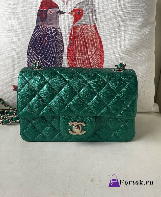 Fortok Chanel Metallic Caviar Quilted Mini Rectangular Flap Green 20cm - 1
