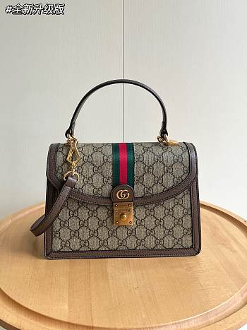 Fortok Gucci Ophidia GG Top Handle Bag Beige & Ebony GG Supreme Canvas 651055 25x17.5x7cm