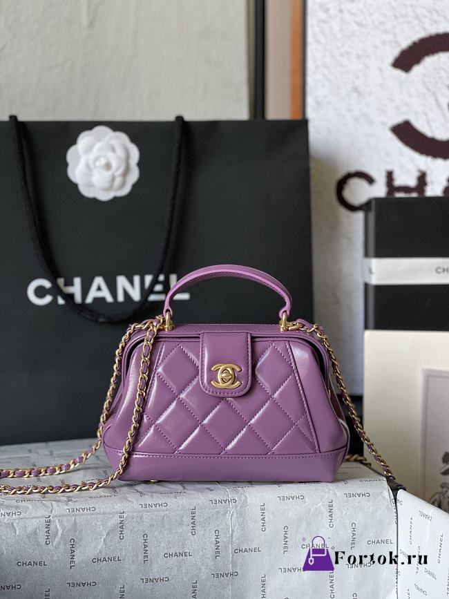 Fortok Chanel Mini Bag With Handle Shiny Purple Lambskin 18×7×12cm - 1