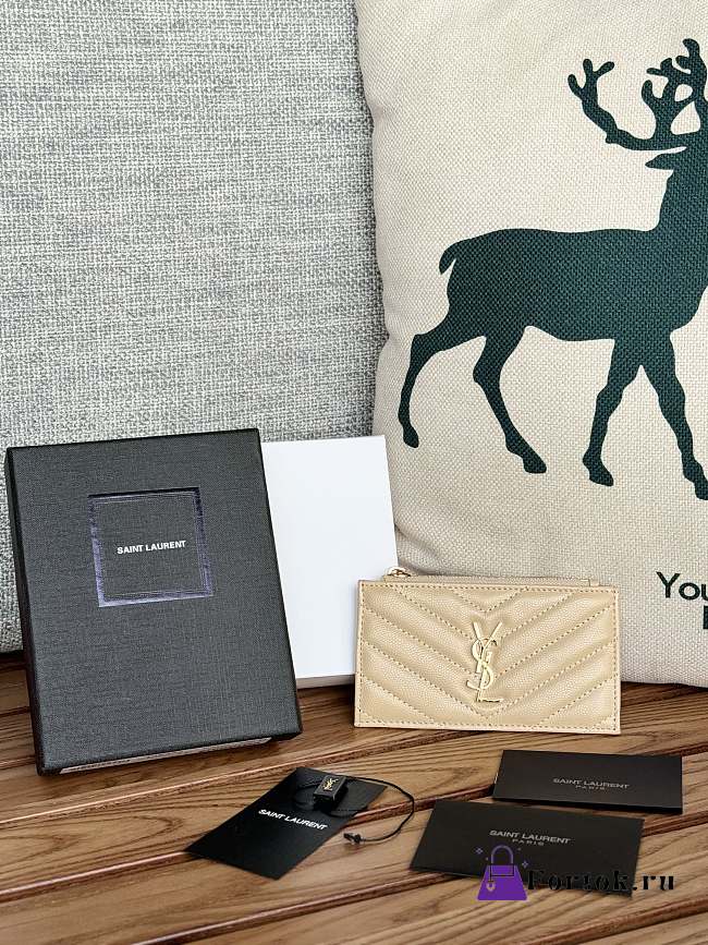 Fortok Saint Laurent Grain Leather Card Holder Beige 607915 13x8x2cm - 1
