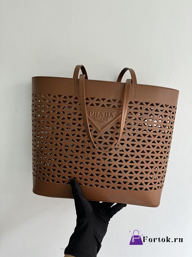 Fortok Prada Perforated Brown Leather Tote Bag 1BG503 32×30×13cm - 1