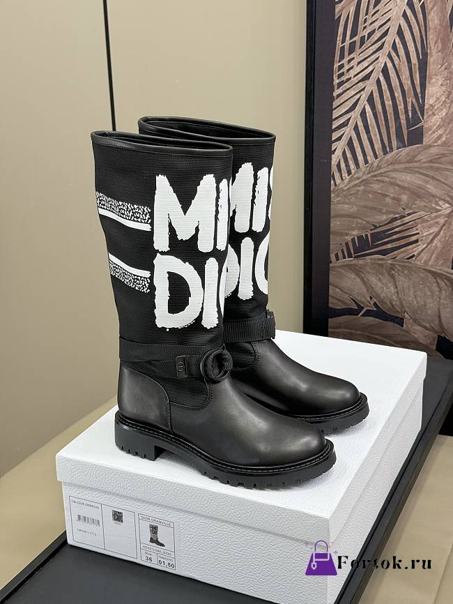 Fortok Dior D-Major Boot Black Technical Fabric with White Miss Dior Graffiti Print and Black Calfskin - 1