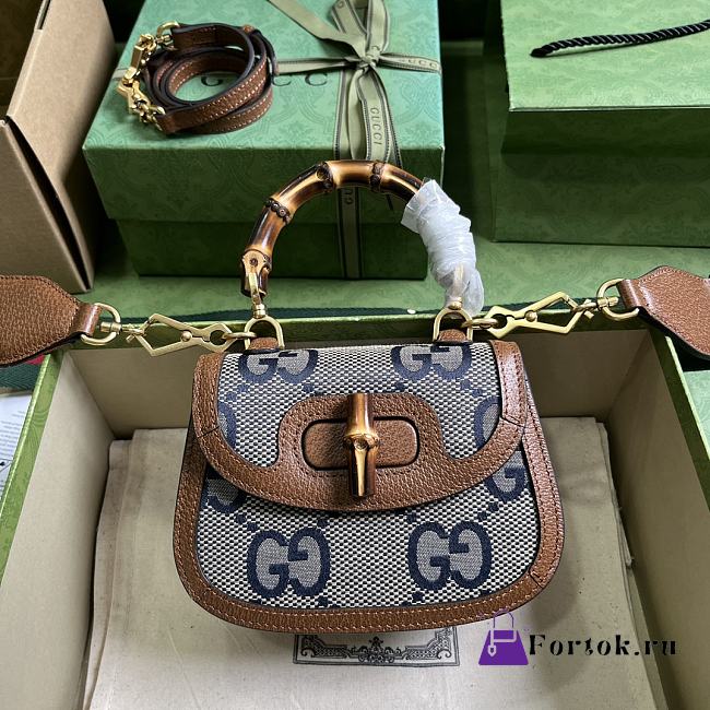 Fortok Gucci Bamboo 1947 Bamboo Handbag Brown Leather and Blue GG Canvas 686864 17x12x7.5cm - 1