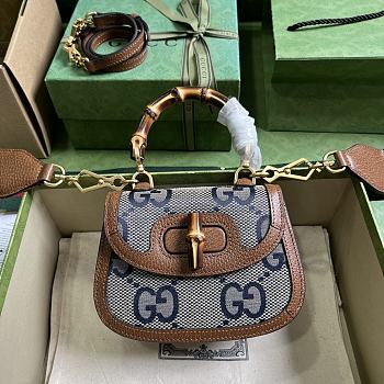 Fortok Gucci Bamboo 1947 Bamboo Handbag Brown Leather and Blue GG Canvas 686864 17x12x7.5cm