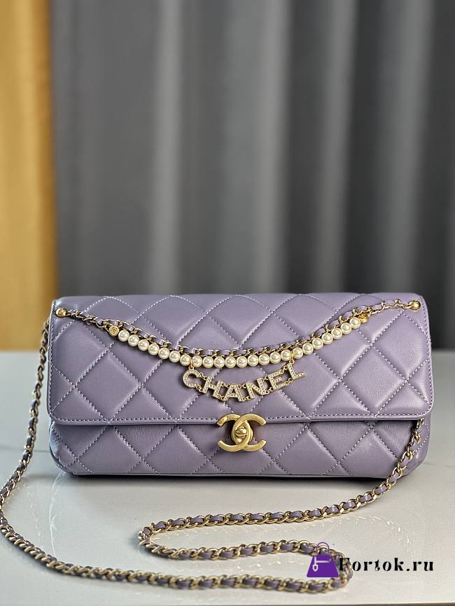 Fortok Chanel 24A Pearl Chain Baguette Bag Purple 13x27x5cm  - 1