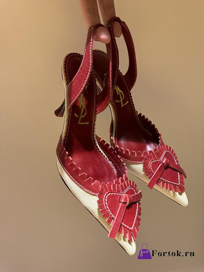 Fortok Saint Laurent Red Leather Heart Pointed Toe Slingback Heels - 1