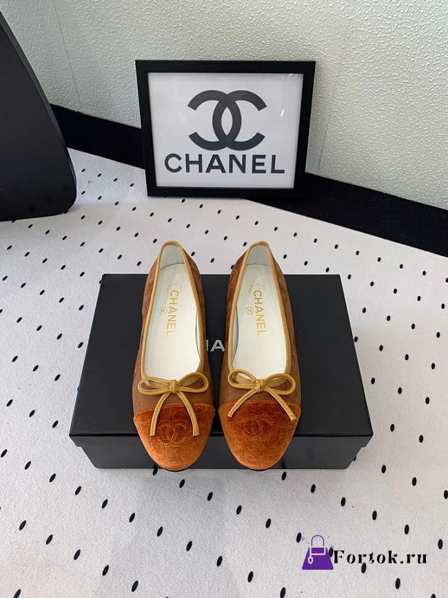 Fortok Chanel Ballet Flat Light Brown Mix Brown Velvet - 1