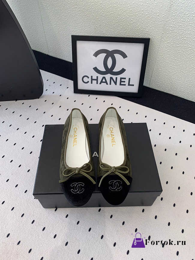 Fortok Chanel Ballet Flat Olive Green Mix Black Velvet - 1