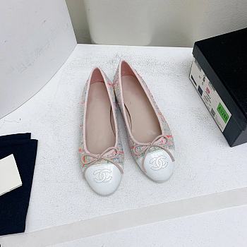 Fortok Chanel Ballet Flat Pink Red White Tweed Grosgrain