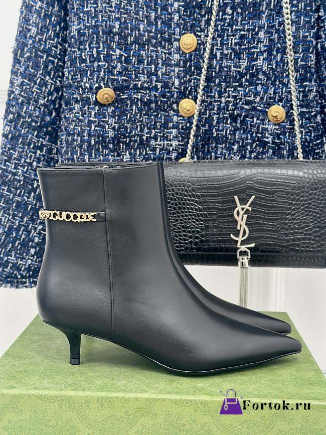 Fortok Gucci Classic Pointed Chain High-heeled Ankle Boots Black - 1