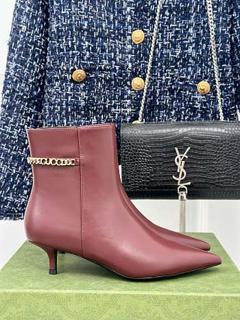 Fortok Gucci Classic Pointed Chain High-heeled Ankle Boots Burgundy