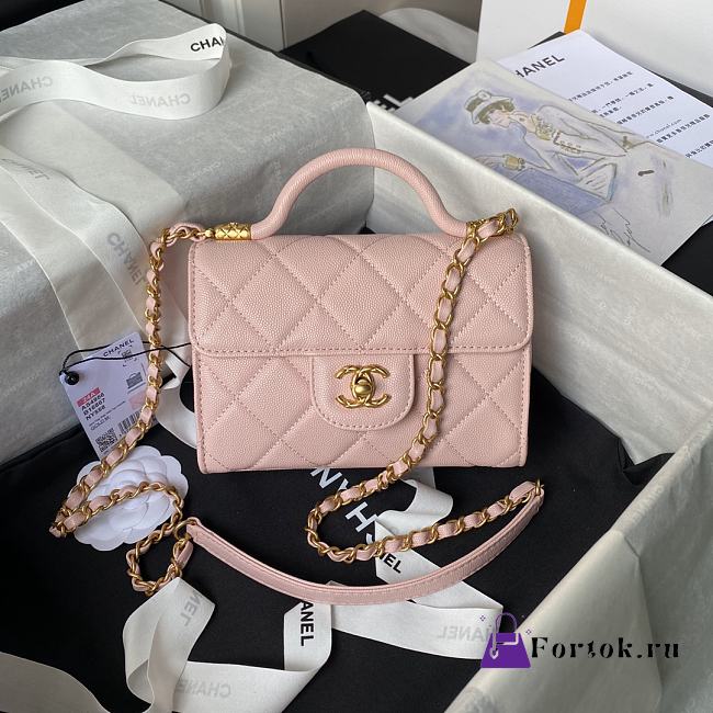 Fortok Chanel Mini Flap Bag With Top Handle Pink Grained Shiny Calfskin & Gold-Tone Metal AS4956 13×18×8cm - 1