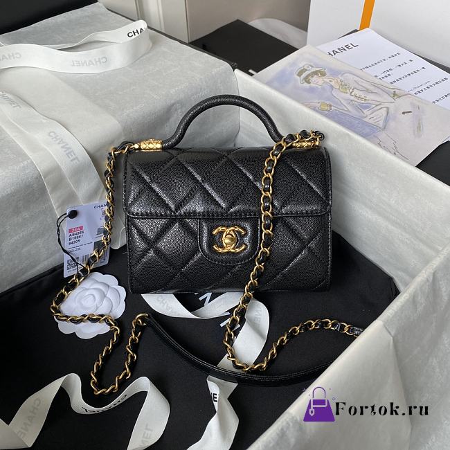 Fortok Chanel Mini Flap Bag With Top Handle Black Grained Shiny Calfskin & Gold-Tone Metal AS4956 13×18×8cm - 1